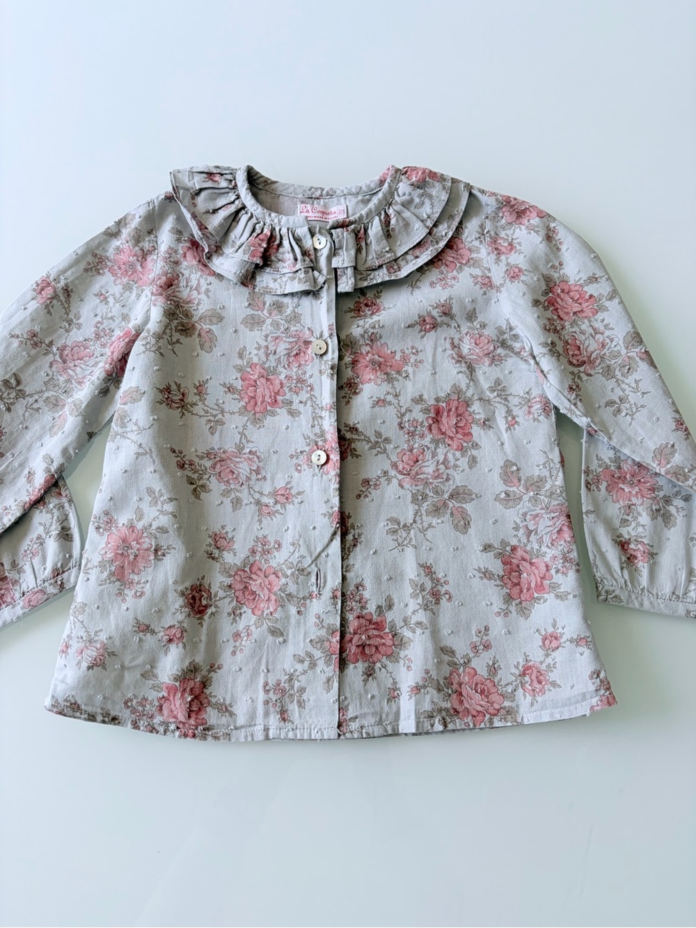 La Coqueta Floral Button-Up Blouse in Soft Pastels Sz 3y